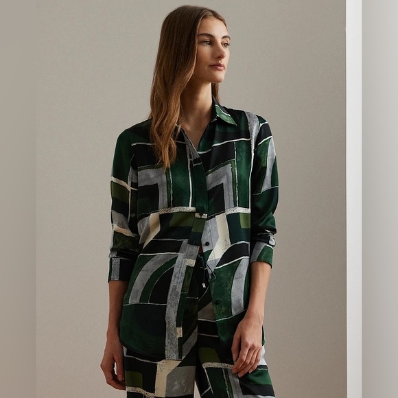 Lauren Ralph Lauren Tops - Ralph Lauren Geo-Print Charmeuse Button Down Blouse Green Petite PXS